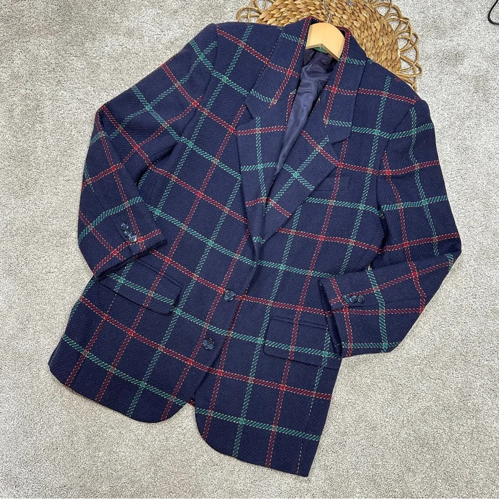 Hunt Club Women’s Blazer 100% Wool Blue Plaid Checkered Classic Jacket Size S